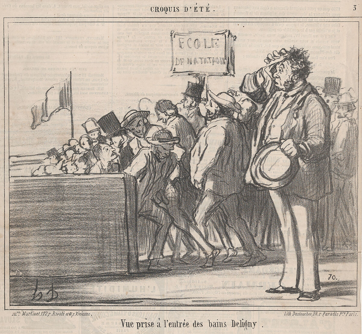 Vue prise à l'entrée des bains Deligny, from Croquis d'Été, published in Le Charivari, August 10, 1859, Honoré Daumier (French, Marseilles 1808–1879 Valmondois), Lithograph on newsprint; second state of two (Hazard & Delteil) 