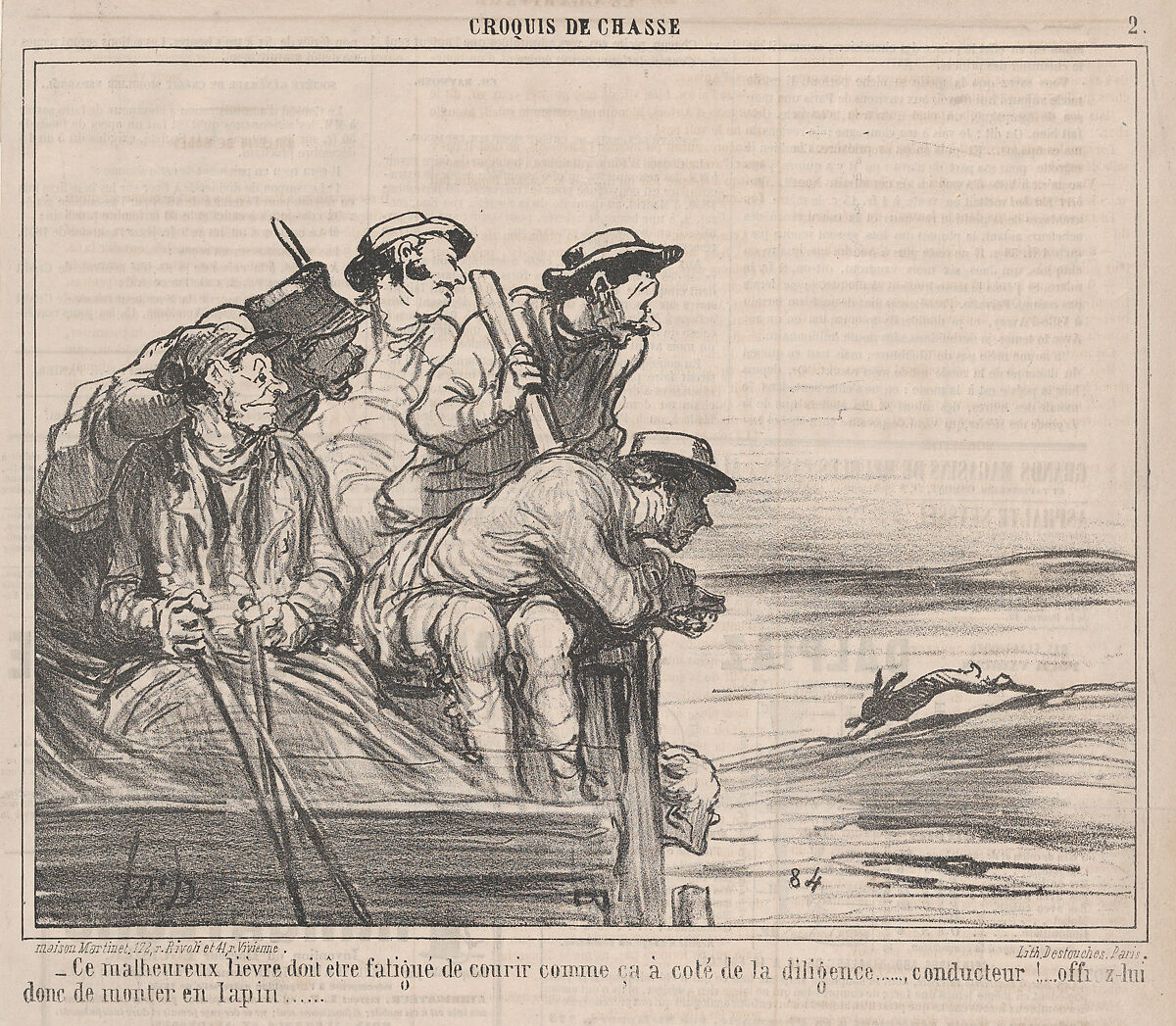 Ce malheureux lièvre doit être fatigué de courir comme ça à coté de la diligence....., from Croquis de Chasse, published in Le Charivari, September 29, 1859, Honoré Daumier (French, Marseilles 1808–1879 Valmondois), Lithograph; second state of two (Delteil) 