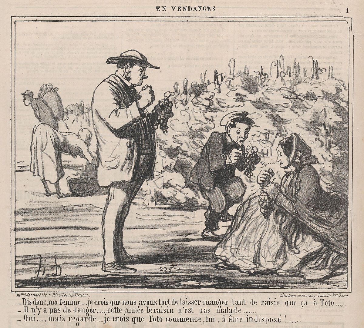 Dis-donc, ma femme.... je crois que nous avons tort de laisser manger tant de raisin que ça à Toto ....., from En Vendanges, published in Le Charivari, September 21, 1859, Honoré Daumier (French, Marseilles 1808–1879 Valmondois), Lithograph; second state of two (Delteil; Hazard & Delteil) 