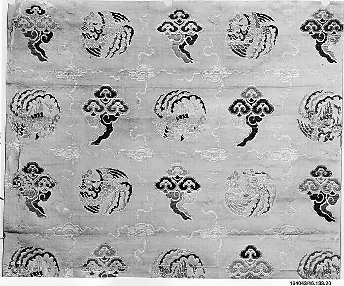 Textile fragment with phoenix medallions, Silk satin brocaded with silk and metal thread, China