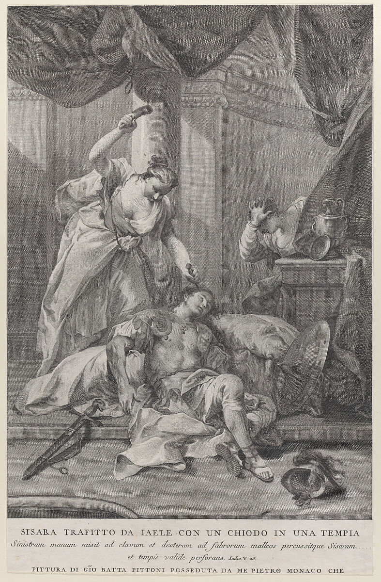 Jael hammering a tent peg into the temple of the sleeping Sisera, to the right a servant hides behind a curtain; from the series of 112 prints of the sacred history, after the painting by Giovanni Battista Pittoni, Pietro Monaco (Italian, Belluno 1707–1772 Venice), Etching and engraving 