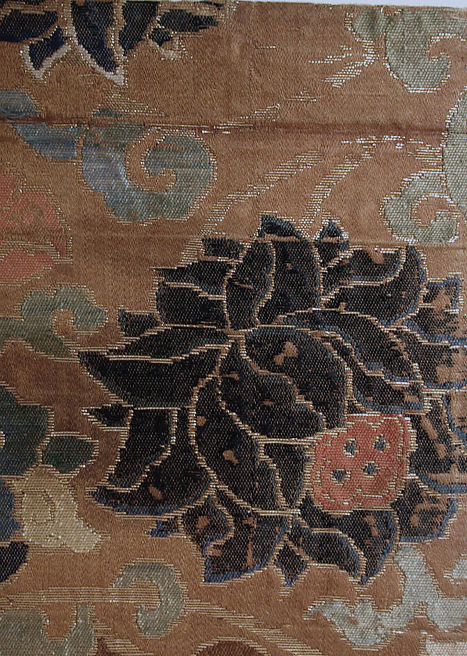 Textile fragment with lotus scrolls, Silk satin brocaded with silk and metal thread, China