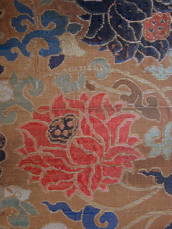 Textile fragment with lotus scrolls, Silk satin brocaded with silk and metal thread, China