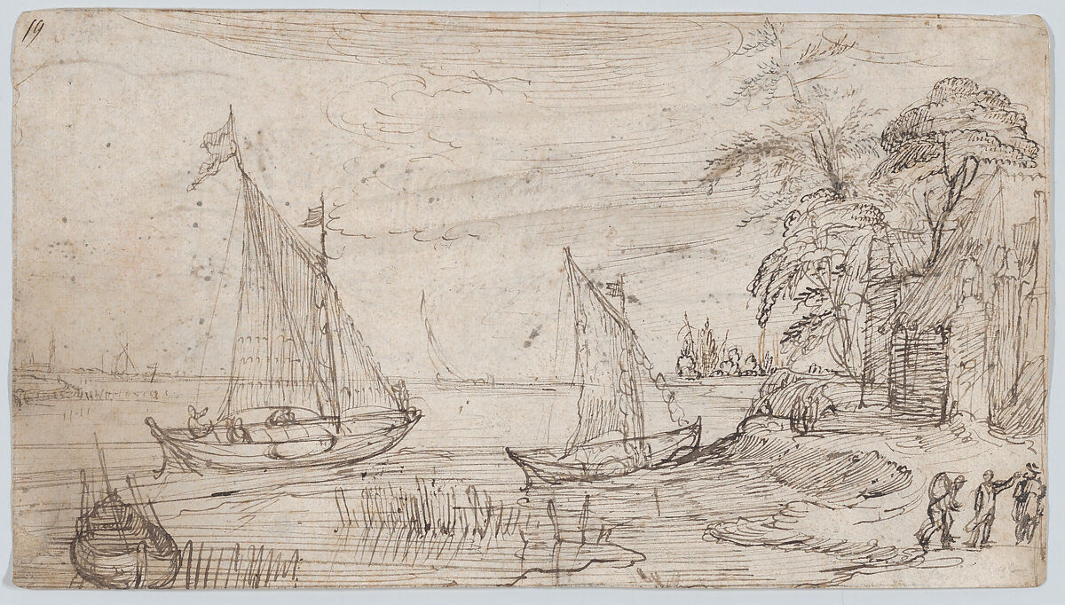 Riverscape with Two Sailboats and Several Figures; verso: A Mountainous Landscape near a River with a Horse-Drawn Barge and Several Figures, Cornelis Claesz. van Wieringen (Netherlandish, Haarlem ca. 1576–1633 Haarlem), Pen and brown ink; framing line in pen and brown ink, probably by the artist; verso: pen and brown ink 