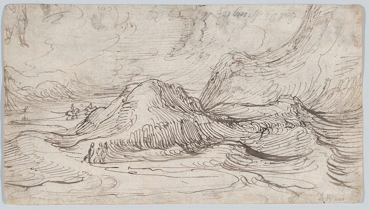 Riverscape with Two Sailboats and Several Figures; verso: A Mountainous Landscape near a River with a Horse-Drawn Barge and Several Figures, Cornelis Claesz. van Wieringen (Netherlandish, Haarlem ca. 1576–1633 Haarlem), Pen and brown ink; framing line in pen and brown ink, probably by the artist; verso: pen and brown ink