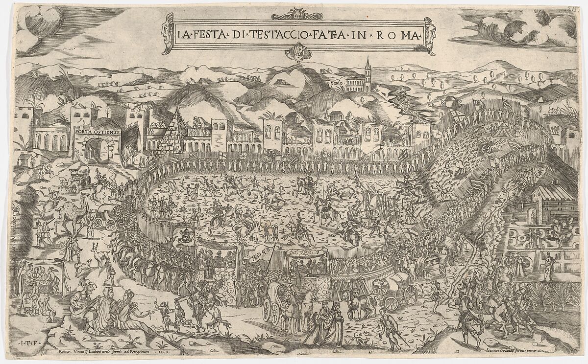 Carnival games held on the Mount Testaccio in Rome, Monogrammist ITF (Italian (?), active ca. 1540–60), Engraving 