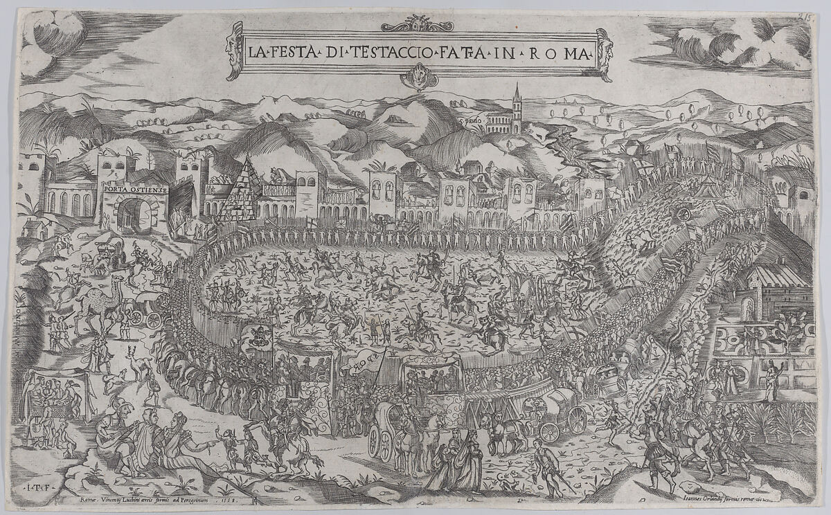 Carnival games held on the Mount Testaccio in Rome, Monogrammist ITF (Italian (?), active ca. 1540–60), Engraving