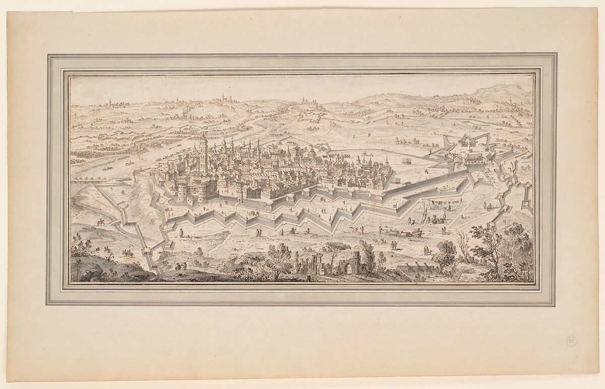 Bird's-Eye View of the City of Casale di Monferrato, Francesco Zucchi (Italian, Venice 1692–1764 Venice), Pen and black and brown ink over red chalk, gray wash 