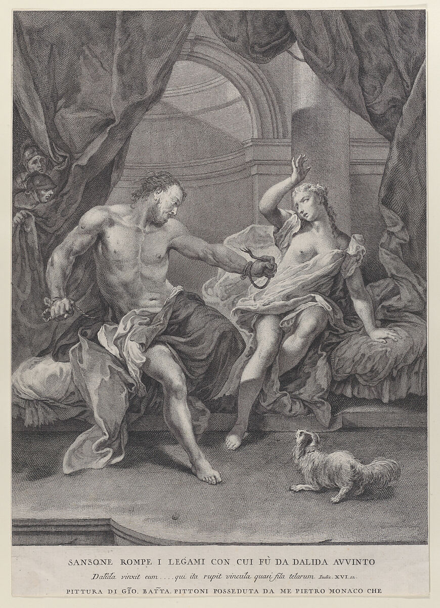 Samson and Delilah seated on a bed, Samson tearing apart the ropes binding his hands as soldiers look on from behind a curtain; from the series of 112 prints of the sacred history, after the painting by Giovanni Battista Pittoni, Pietro Monaco (Italian, Belluno 1707–1772 Venice), Etching and engraving 