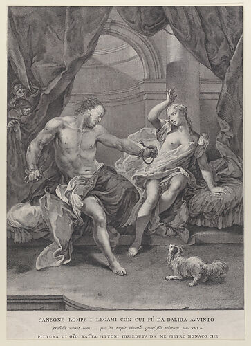 Samson and Delilah seated on a bed, Samson tearing apart the ropes binding his hands as soldiers look on from behind a curtain; from the series of 112 prints of the sacred history, after the painting by Giovanni Battista Pittoni