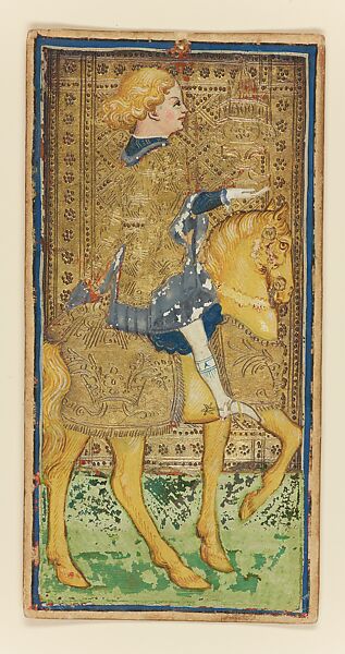 Knight of Cups, from The Visconti-Sforza Tarot, Workshop of Bonifacio Bembo (Italian, Cremonese, active ca. 1442–died before 1482), Paper (pasteboard) with opaque paint on tooled gold ground, Italian 