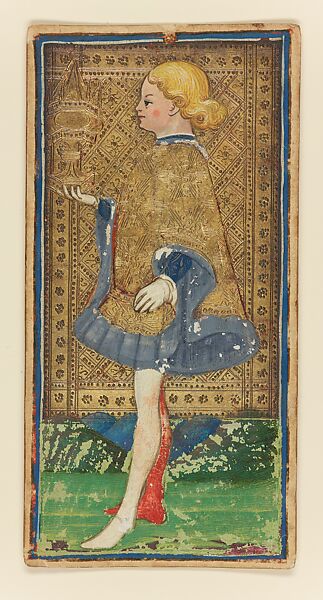 Knave of Cups, from The Visconti-Sforza Tarot, Workshop of Bonifacio Bembo (Italian, Cremonese, active ca. 1442–died before 1482), Paper (pasteboard) with opaque paint on tooled gold ground, Italian 