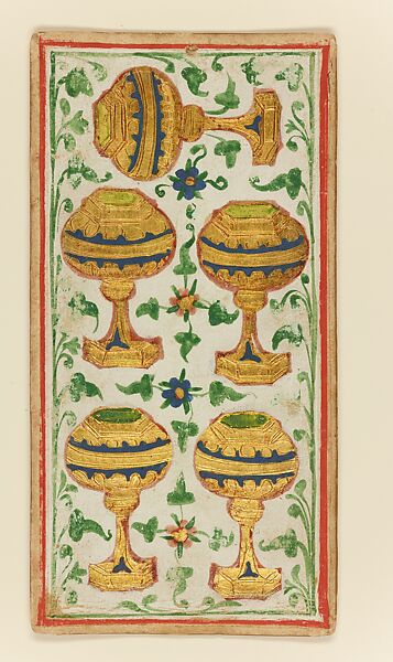 5 of Cups, from The Visconti-Sforza Tarot, Workshop of Bonifacio Bembo (Italian, Cremonese, active ca. 1442–died before 1482), Paper (pasteboard) with opaque paint on tooled gold ground, Italian 