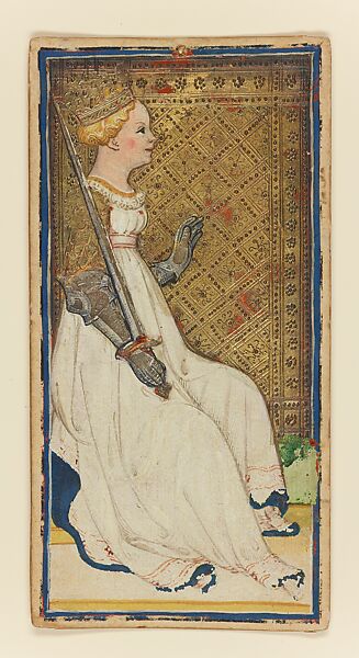 Queen of Swords, from The Visconti-Sforza Tarot, Workshop of Bonifacio Bembo (Italian, Cremonese, active ca. 1442–died before 1482), Paper (pasteboard) with opaque paint on tooled gold ground, Italian 