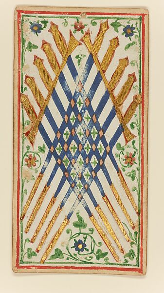 10 of Swords, from The Visconti-Sforza Tarot, Workshop of Bonifacio Bembo (Italian, Cremonese, active ca. 1442–died before 1482), Paper (pasteboard) with opaque paint on tooled gold ground, Italian 