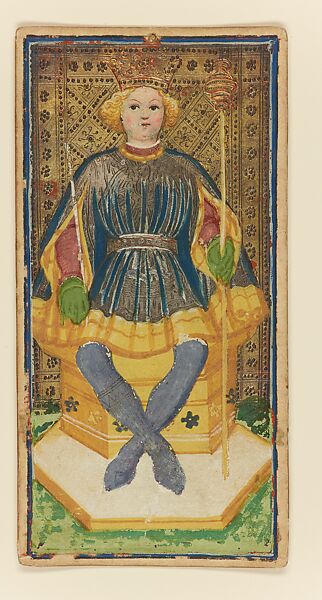 King of Batons, from The Visconti-Sforza Tarot, Workshop of Bonifacio Bembo (Italian, Cremonese, active ca. 1442–died before 1482), Paper (pasteboard) with opaque paint on tooled gold ground, Italian 