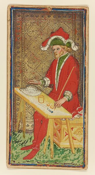 Mountebank, from The Visconti-Sforza Tarot, Workshop of Bonifacio Bembo (Italian, Cremonese, active ca. 1442–died before 1482), Paper (pasteboard) with opaque paint on tooled gold ground, Italian 