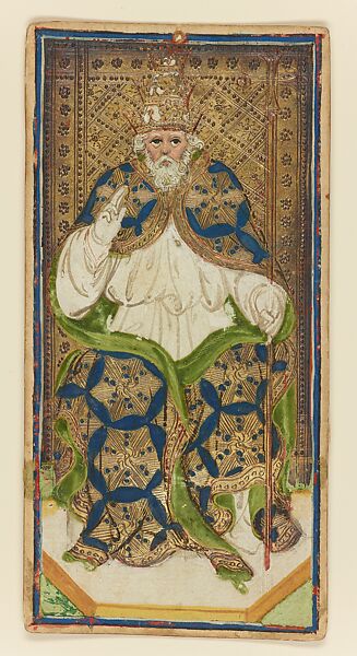 Pope, from The Visconti-Sforza Tarot, Workshop of Bonifacio Bembo (Italian, Cremonese, active ca. 1442–died before 1482), Paper (pasteboard) with opaque paint on tooled gold ground, Italian 