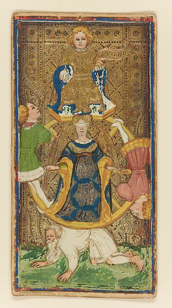 Wheel of Fortune, from The Visconti-Sforza Tarot, Workshop of Bonifacio Bembo (Italian, Cremonese, active ca. 1442–died before 1482), Paper (pasteboard) with opaque paint on tooled gold ground, Italian 
