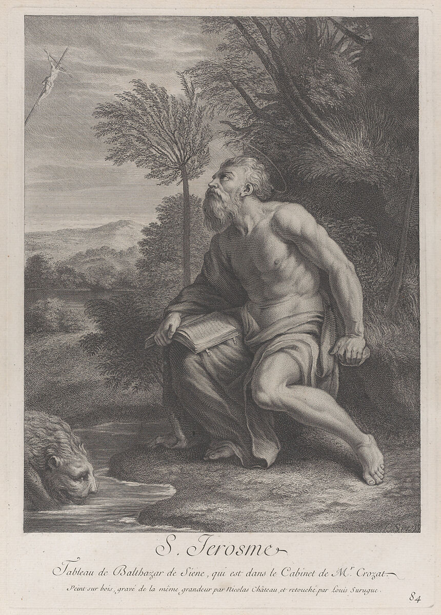 Saint Jerome seated by a tree looking up at a crucifix, a lion drinking water from a stream to his right, Nicolas Chasteau (French, Paris 1680–ca. 1750 Paris), Etching and engraving 