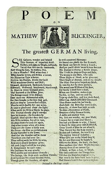 Poem on Mathew Buckinger [sic], The Greatest German Living, Matthias Buchinger (German, Ansbach 1674–1739), Woodcut and letterpress 
