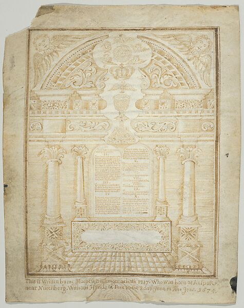 Ten Commandments, Bath, Matthias Buchinger (German, Ansbach 1674–1739), Pen and ink on vellum 