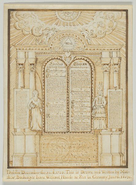 Ten Commandments, Dublin, Matthias Buchinger (German, Ansbach 1674–1739), Pen and ink on vellum 