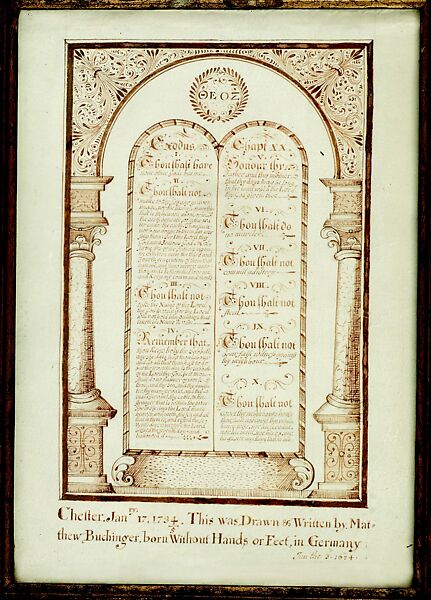 Ten Commandments, Chester, January 17, 1734, Matthias Buchinger (German, Ansbach 1674–1739), Pen and ink on vellum 