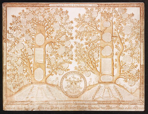 Family Tree of the Stuarts of Allentown and the Denhams of Edinburgh, Matthias Buchinger (German, Ansbach 1674–1739), Pen and ink on vellum 