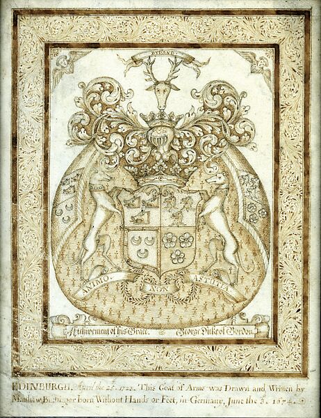 Coat of Arms of the Duke of Gordon, Edinburgh, Matthias Buchinger (German, Ansbach 1674–1739), Pen and ink 