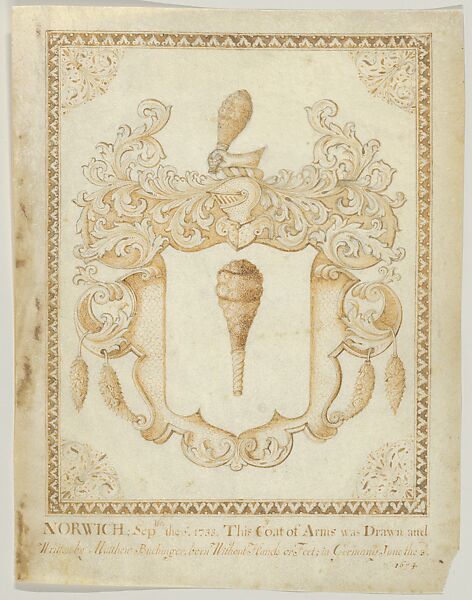 Coat of Arms, Norwich, Matthias Buchinger (German, Ansbach 1674–1739), Pen and ink on vellum 