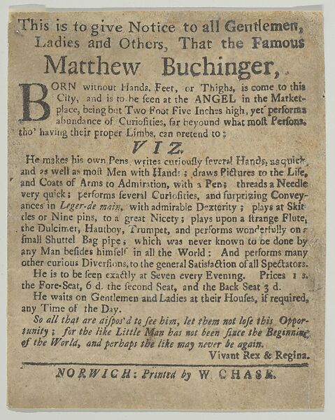 Announcement for Buchinger’s Appearance at Norwich in 1733, Matthias Buchinger (German, Ansbach 1674–1739), Letterpress 