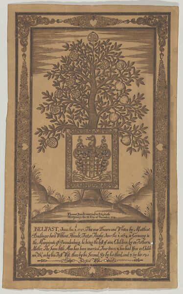 Family Tree of Thomas Bancks and Elizabeth Montgomery, Matthias Buchinger (German, Ansbach 1674–1739), Pen and ink 