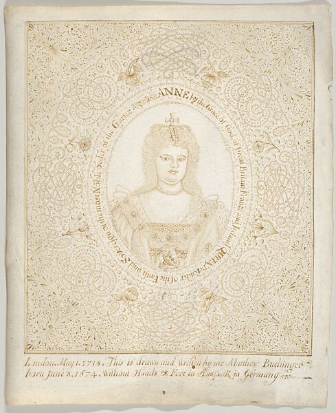 Portrait of Queen Anne, Matthias Buchinger (German, Ansbach 1674–1739), Pen and ink on vellum 