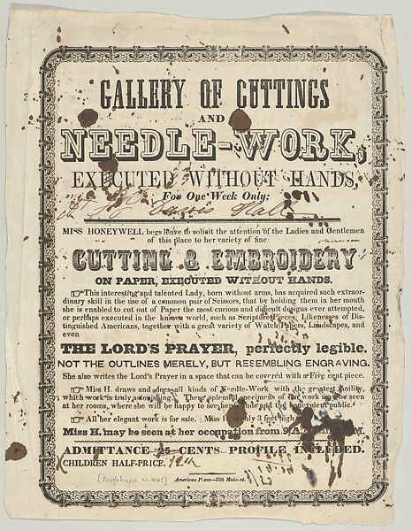 Announcement of Miss Honeywell's skills, Anonymous, American, 19th century, Letterpress or commercial lithograph 