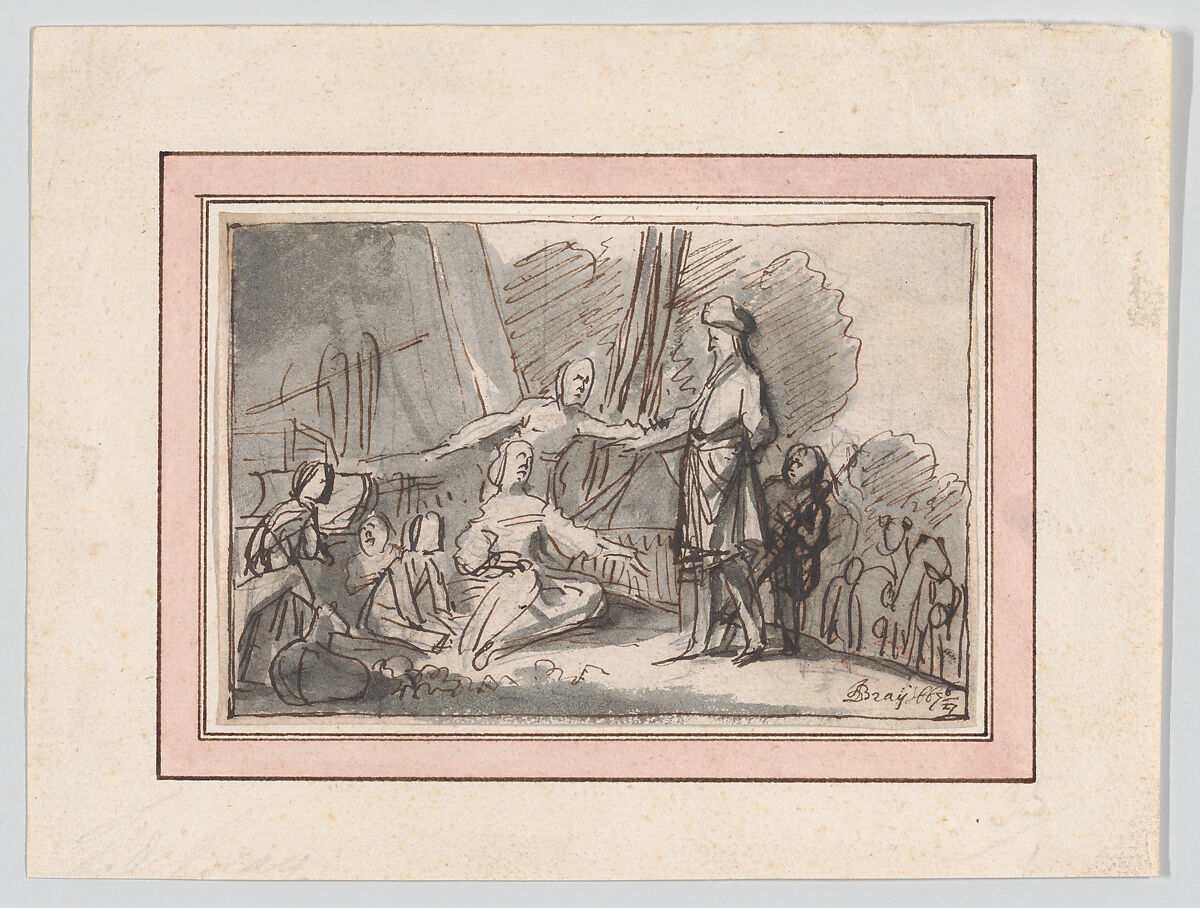 Laban Searching for his Idols, Jan de Bray (Dutch, Haarlem ca. 1627–1697 Amsterdam), Pen and brown ink, brush and gray wash, over black chalk; framing line in pen and brown ink, by the artist. 