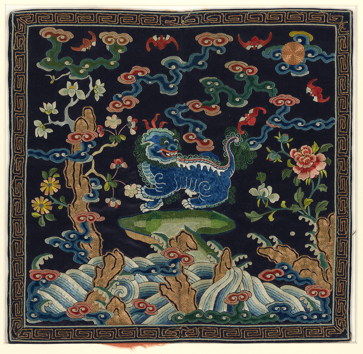 Rank badge with lion, Silk and metallic thread embroidery on silk satin, China 