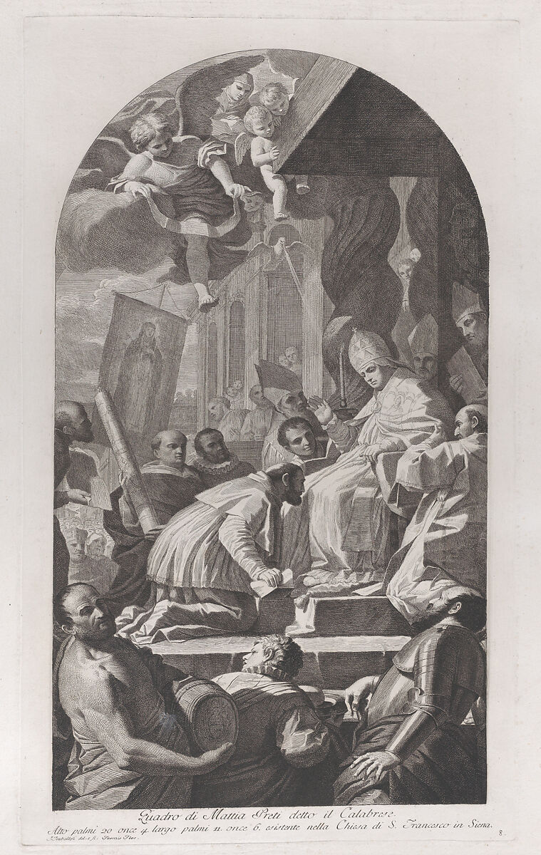 Plate 8: Canonization of Saint Catherine of Siena; Pius II seated on a throne at right, blessing his nephew, Francesco Todeschini Piccolomini, who kneels before him; after Mattia Preti, Giuliano Traballesi (Italian, Florence 1727–1812 Milan), Etching and engraving 