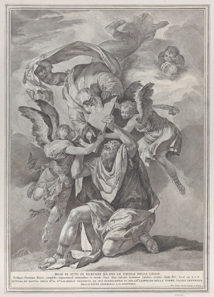 Moses receiving the Tablets of the Law from God who descends from the heavens; from the series of 112 prints of the sacred history, after the painting by Mattia Preti, Pietro Monaco (Italian, Belluno 1707–1772 Venice), Etching and engraving 