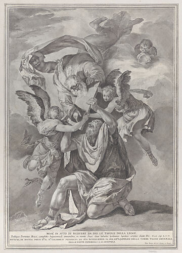 Moses receiving the Tablets of the Law from God who descends from the heavens; from the series of 112 prints of the sacred history, after the painting by Mattia Preti