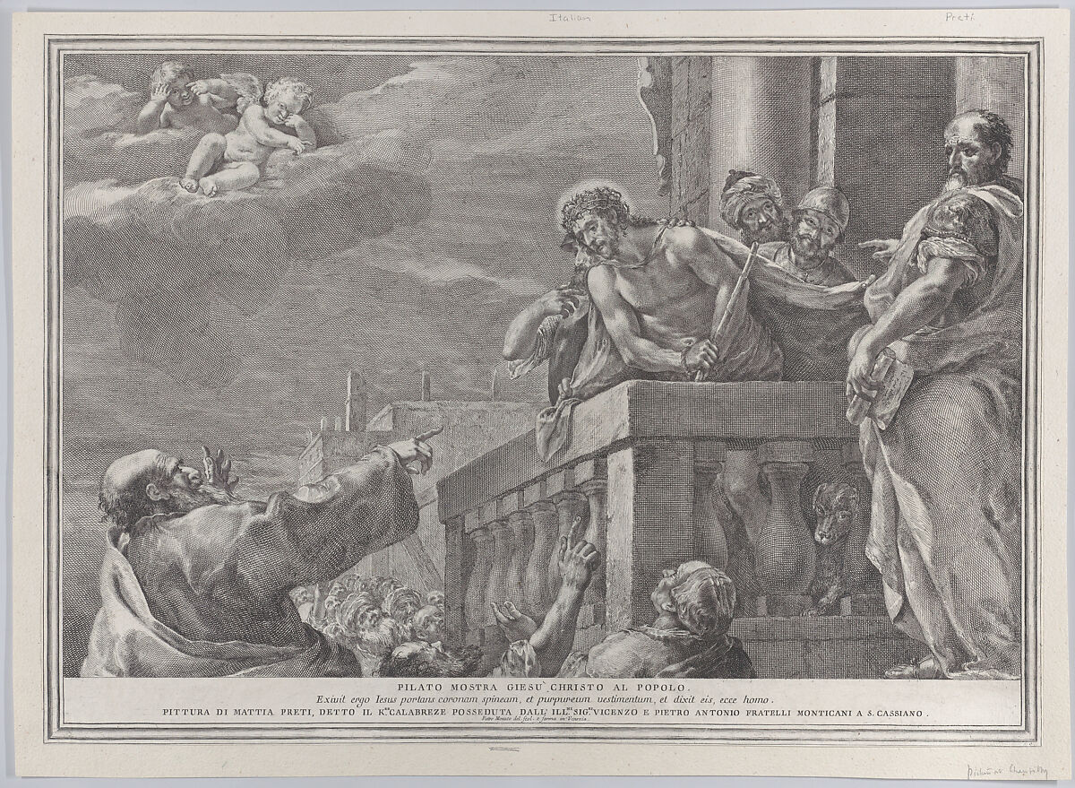 Christ on a balcony surrounded by guards, Pilate stands to the right gesturing toward him; from the series of 112 prints of the sacred history, after the painting by Mattia Preti, Pietro Monaco (Italian, Belluno 1707–1772 Venice), Etching and engraving 