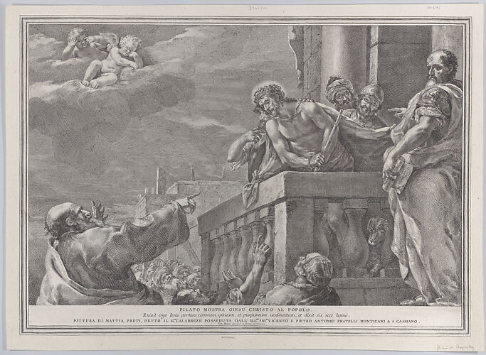 Christ on a balcony surrounded by guards, Pilate stands to the right gesturing toward him; from the series of 112 prints of the sacred history, after the painting by Mattia Preti
