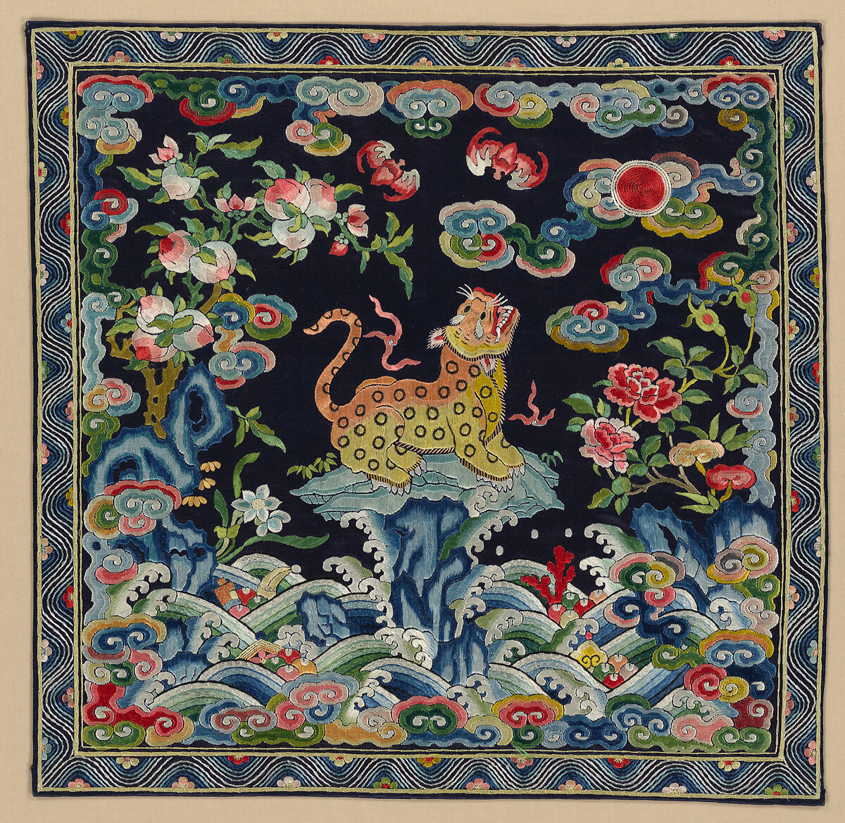 Rank badge with leopard, Silk and metallic thread embroidery on silk satin, China 
