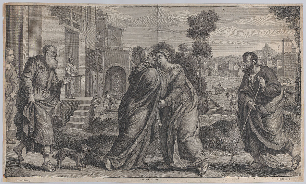 Visitation; Saint Elizabeth embracing the Virgin at center as Saint Joseph walks toward them on the right and Zacharias greets them on the left; from 'Theatrum Pictorium', after Palma Il Vecchio, Peeter van Lisebetten (Flemish, Antwerp 1610–1678 Antwerp), Etching and engraving 