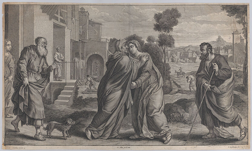 Visitation; Saint Elizabeth embracing the Virgin at center as Saint Joseph walks toward them on the right and Zacharias greets them on the left; from 'Theatrum Pictorium', after Palma Il Vecchio
