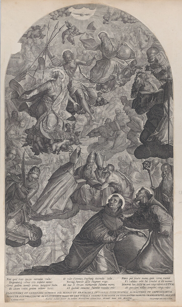 The vision of Saint Dominic, with God the Father and Christ at top center, the Virgin standing below on the crescent moon, and Saint Francis of Assisi and Saint Dominic in the foreground, Raphael Sadeler II (Flemish, Antwerp 1584–1632 Munich), Engraving 