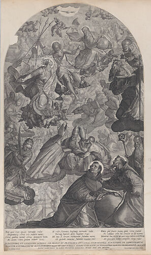 The vision of Saint Dominic, with God the Father and Christ at top center, the Virgin standing below on the crescent moon, and Saint Francis of Assisi and Saint Dominic in the foreground