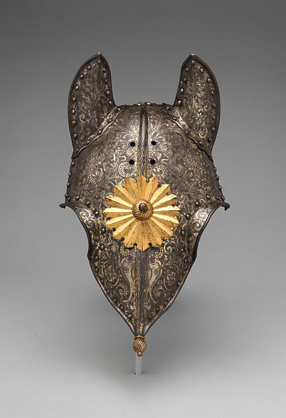 Half-Shaffron for an Armor of King Philip IV of Spain (1605–1665) or his Brother Don Carlos (1607–1632), Pierre du Coudroy  French, Steel, copper alloy, silver, gold, Flemish, Brussels