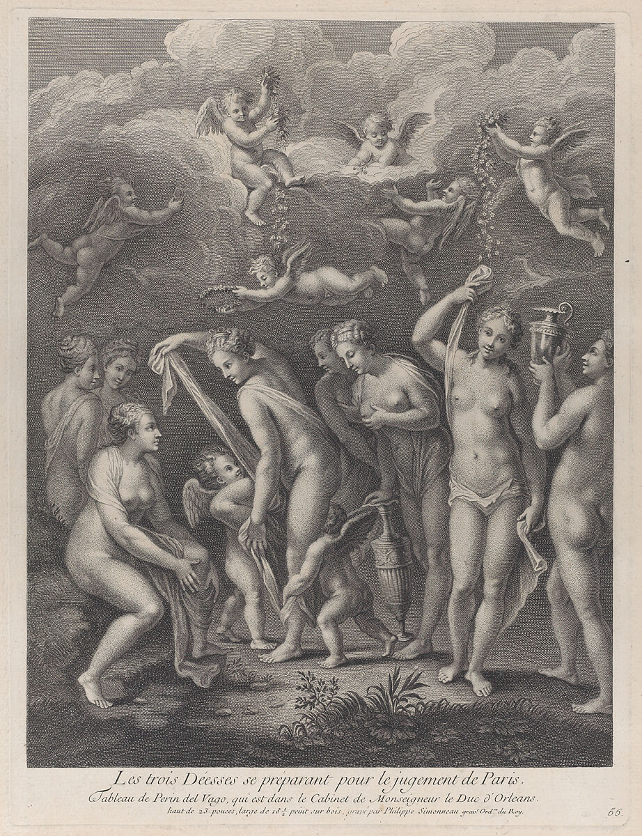 Hera, Aphrodite, and Athena preparing themselves for the contest of beauty before Paris; from 'Recueil d'estampes d'après les plus beaux tableaux et d'après les plus beaux desseins qui sont en France, Cabinet Crozat' after Perino del Vaga, Philippe Simonneau (French, Paris 1685–after 1753), Etching and engraving 