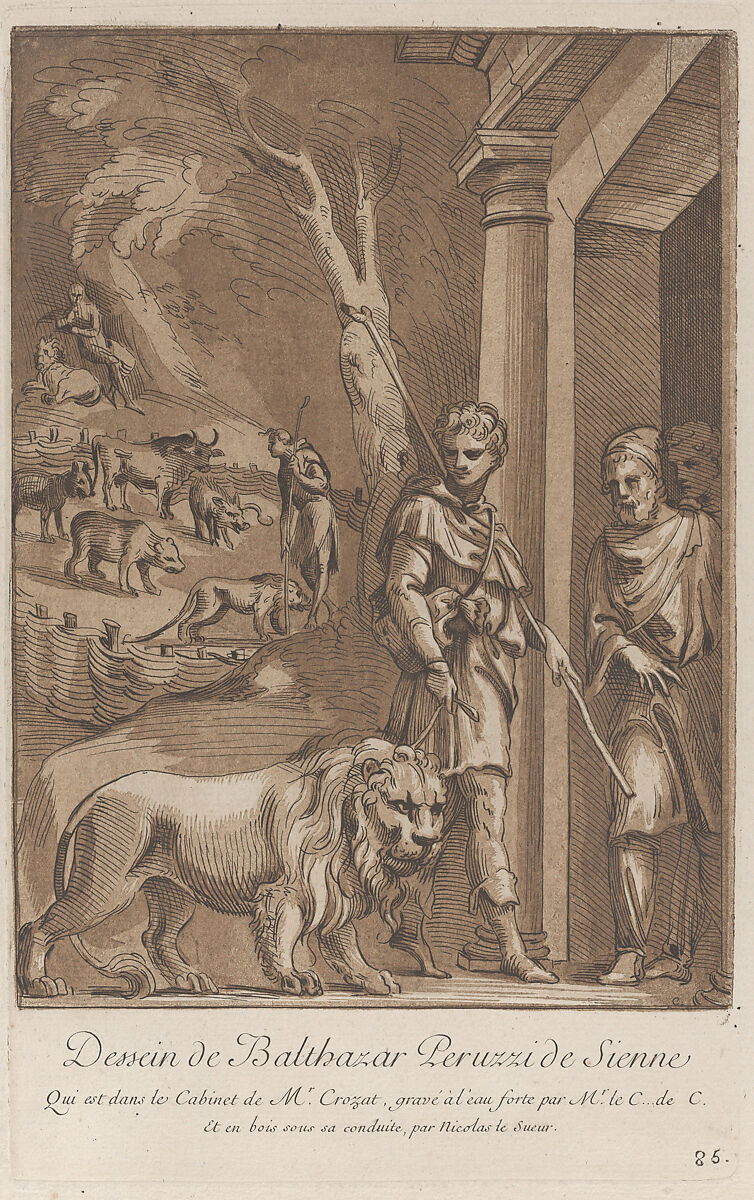 A shepherd holding a lion on a leash in the foreground, in the middle ground the shepherd stands in a meadow surrounded by wild beasts, in the background the shepherd is seated on a rock with the lion at his side; from 'Recueil d'estampes d'après les plus beaux tableaux et d'après les plus beaux desseins qui sont en France, Cabinet Crozat' after a drawing by Baldassare Peruzzi, Anne Claude Philippe de Tubières, comte de Caylus (French, Paris 1692–1765 Paris), Etching and aquatint with tone woodblock 